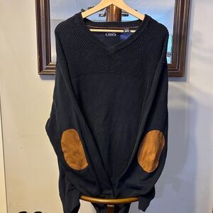 Chaps V-Neck Sweater in Navy with Tan Elbow Patches